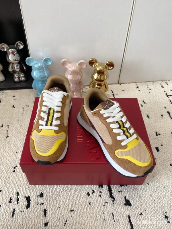 2025 Unisex Valentino Beige Brown Yellow Suede Silk Cow Leather Sneakers LY00340