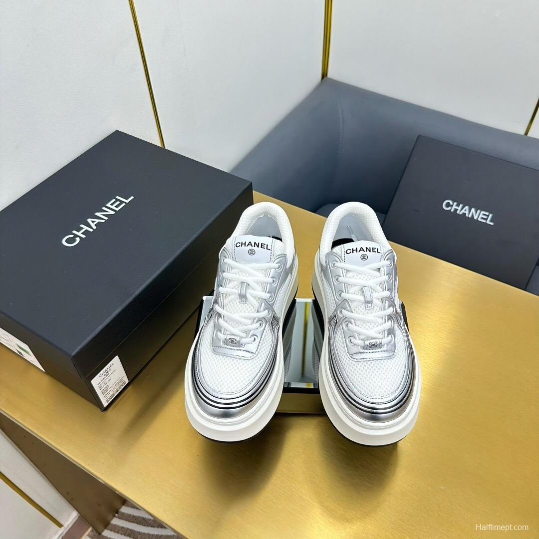 2025 Women Chanel White Silver Leather Mesh Sneakers