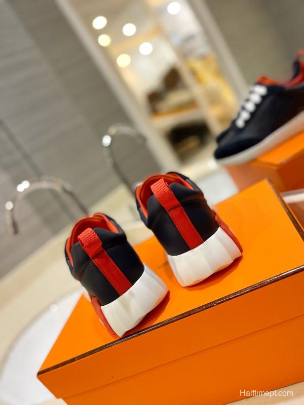 2024 Unisex Hermès Navy Red White Imported Glazed Calf Suede Rain Velvet Sneakers MJ00320