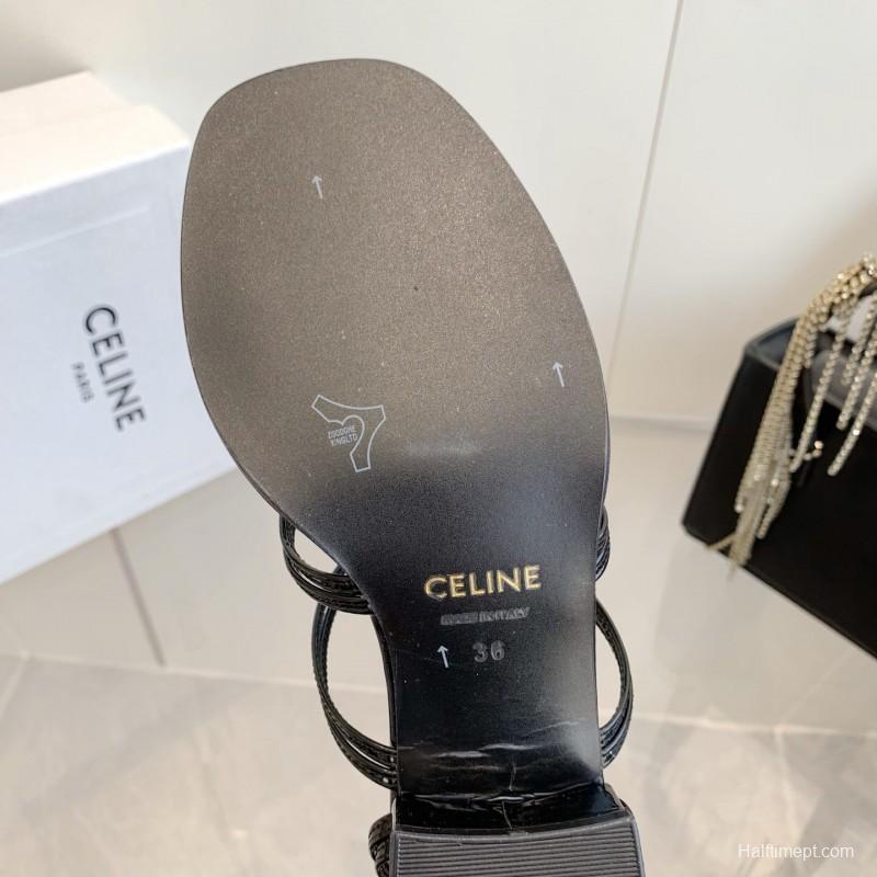 2025 Women Celine Black Patent Leather Sandals