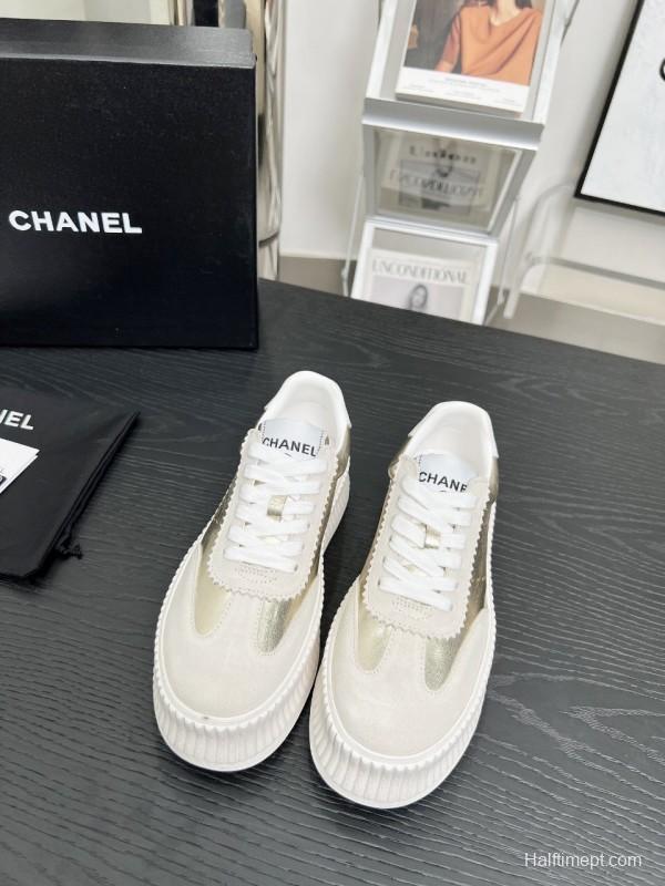 2025 Women Chanel White Gold Leather Suede Sneakers LY00270