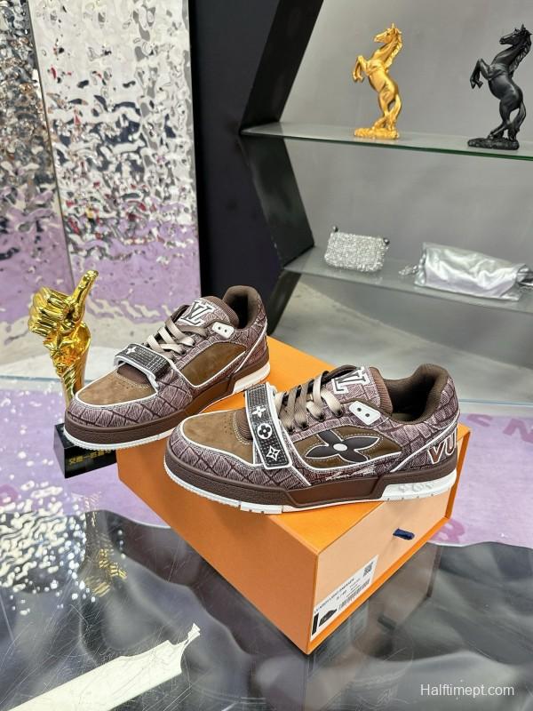 2024 Unisex Louis Vuitton Brown Silk Leather Denim Plimsolls Magic Tape MJ00410