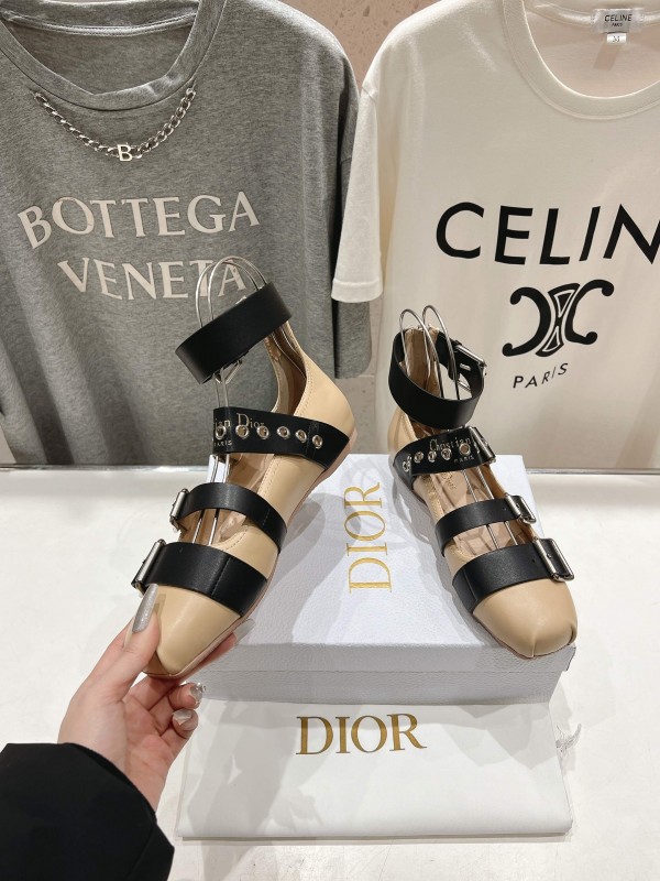 2025 Women Dior Beige Black Leather Mary Jane Buckle Flats