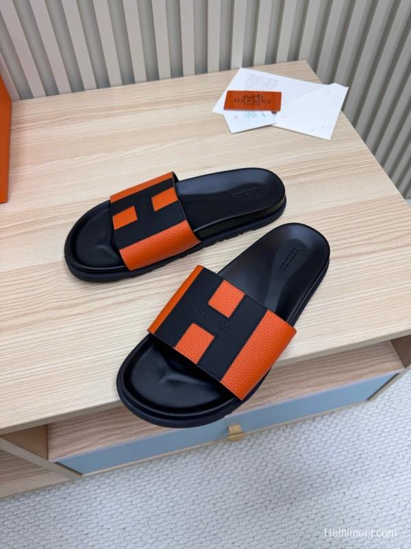 2025 Slippers Hermès Orange Black Leather Slippers