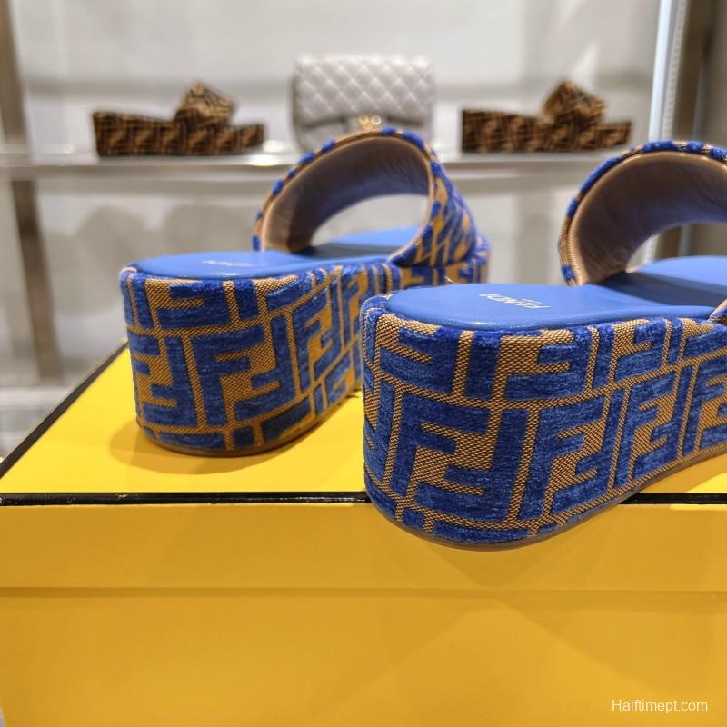2025 Slippers Fendi Blue Brown Fabric FF Jacquard Platform