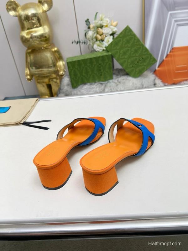 2025 Gucci Orange Blue Leather Slippers