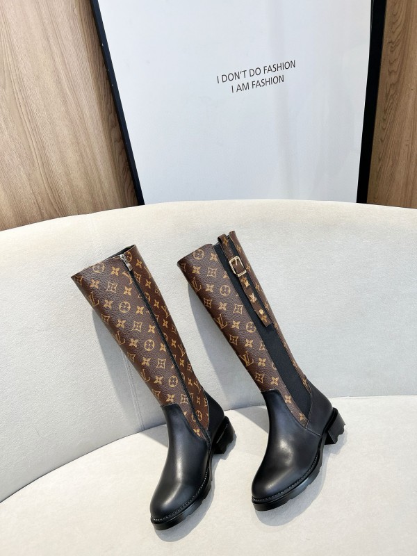 2024 Women Louis Vuitton Brown Black Leather Canvas Boots MJ00430