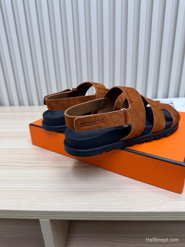 2025 Women Hermès Brown Suede Leather Sandals