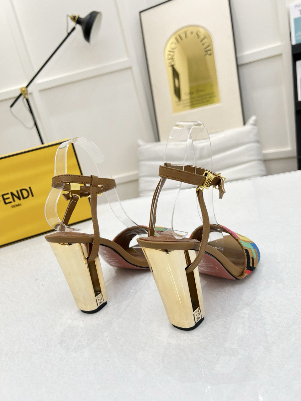 2025 Women Fendi Brown Multicolor Leather High Heel Sandals MJ00280