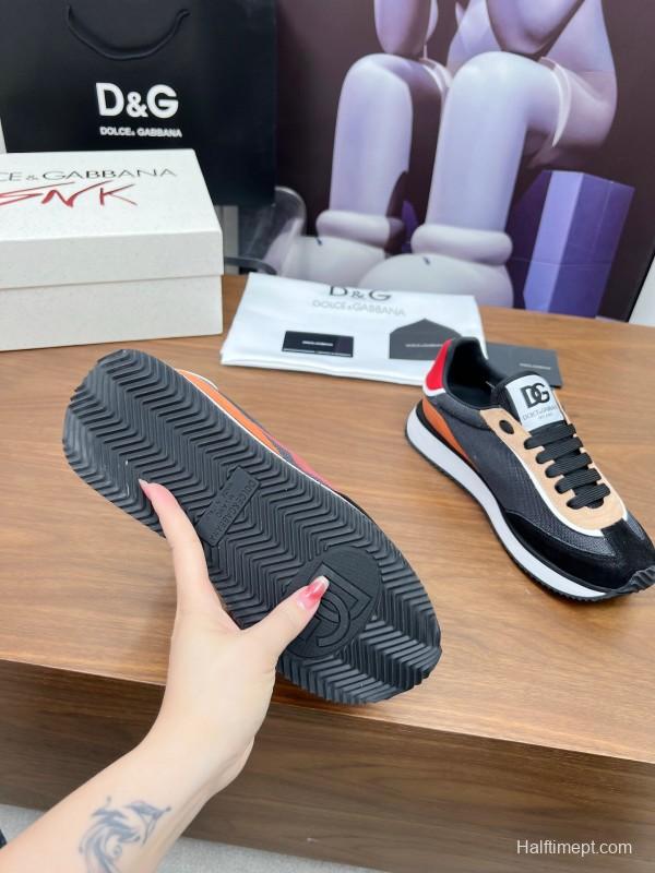 2025 Unisex Dolce & Gabbana Black Brown Red PU Leather Mesh Casual Sneakers LY00300