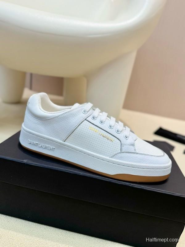2024 Unisex Yves Saint Laurent White Silk Leather Sneakers Gold Hole Punch MJ00350