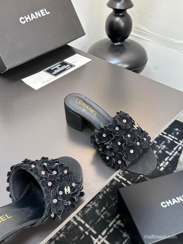 2025 Women Chanel Black Suede Heeled Slippers