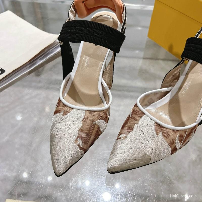 2025 Women Fendi Beige Black Mesh Leather Heels MJ00280
