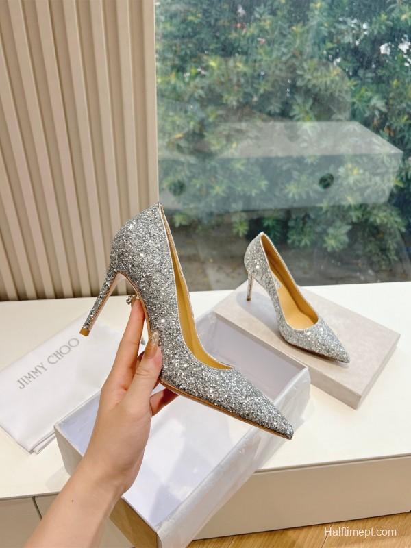 2025 Women Jimmy Choo Silver Glitter Leather Pointed Toe Pumps