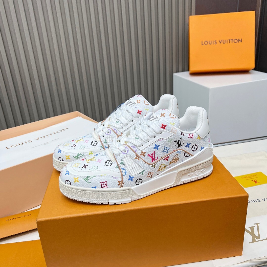 2025 Unisex Louis Vuitton White Multicolor Leather Plimsolls KFY00370