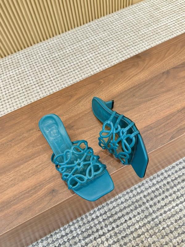 2025 Women Loewe Turquoise Leather Heeled Sandals LY00250