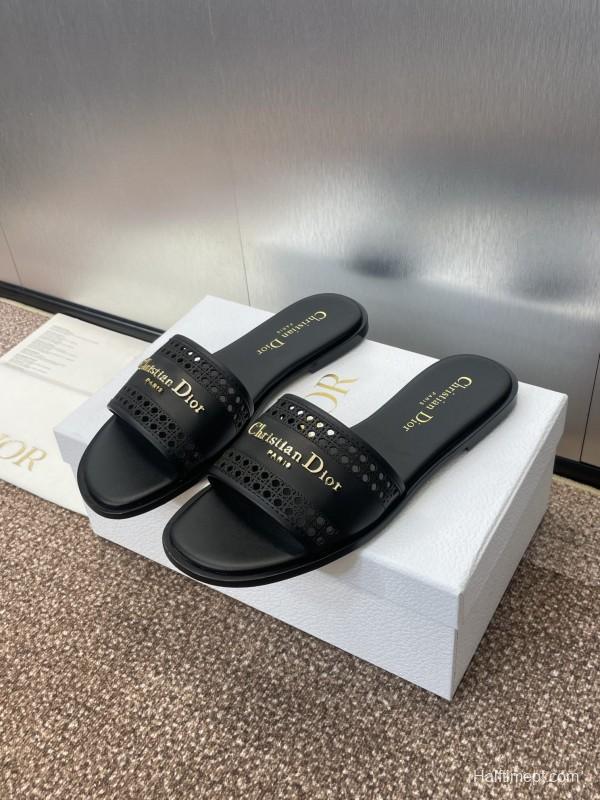 2025 Women Dior Black Leather Slides