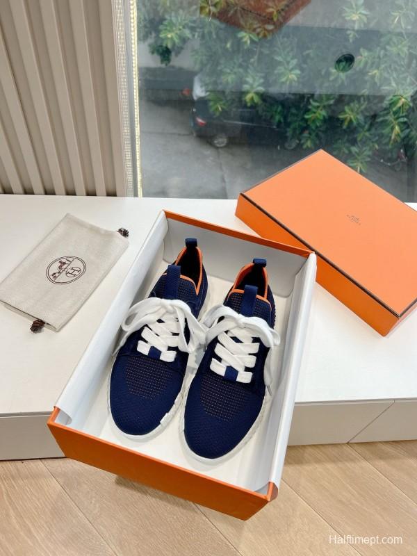 2024 Unisex Hermès Navy Brown Calfskin Suede Knit Sneakers MJ00290