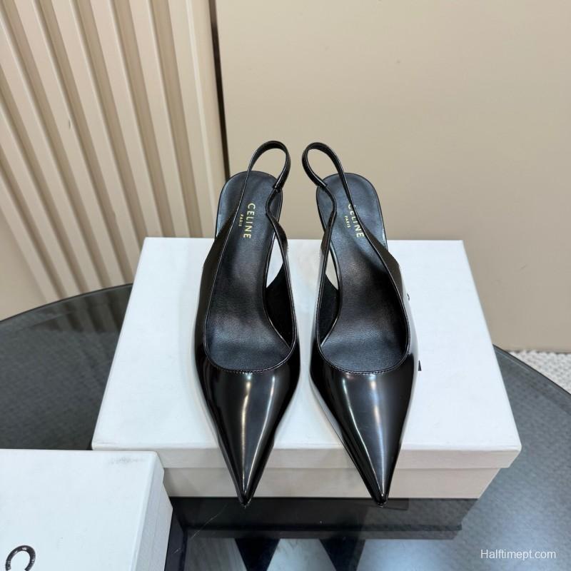 2025 Women CELINE Black Patent Leather Slingback Pumps KFY00310
