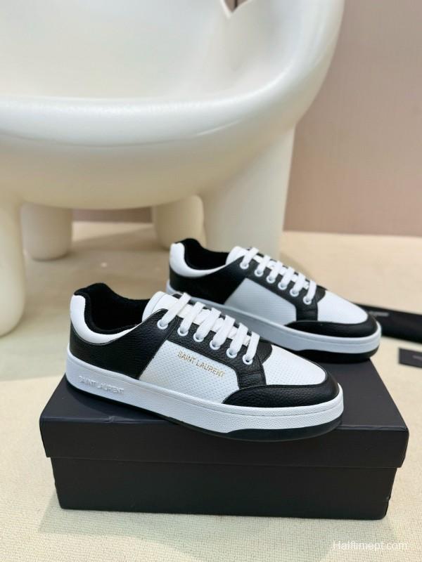 2024 Unisex Yves Saint Laurent Black White Silk Leather Sneakers MJ00350