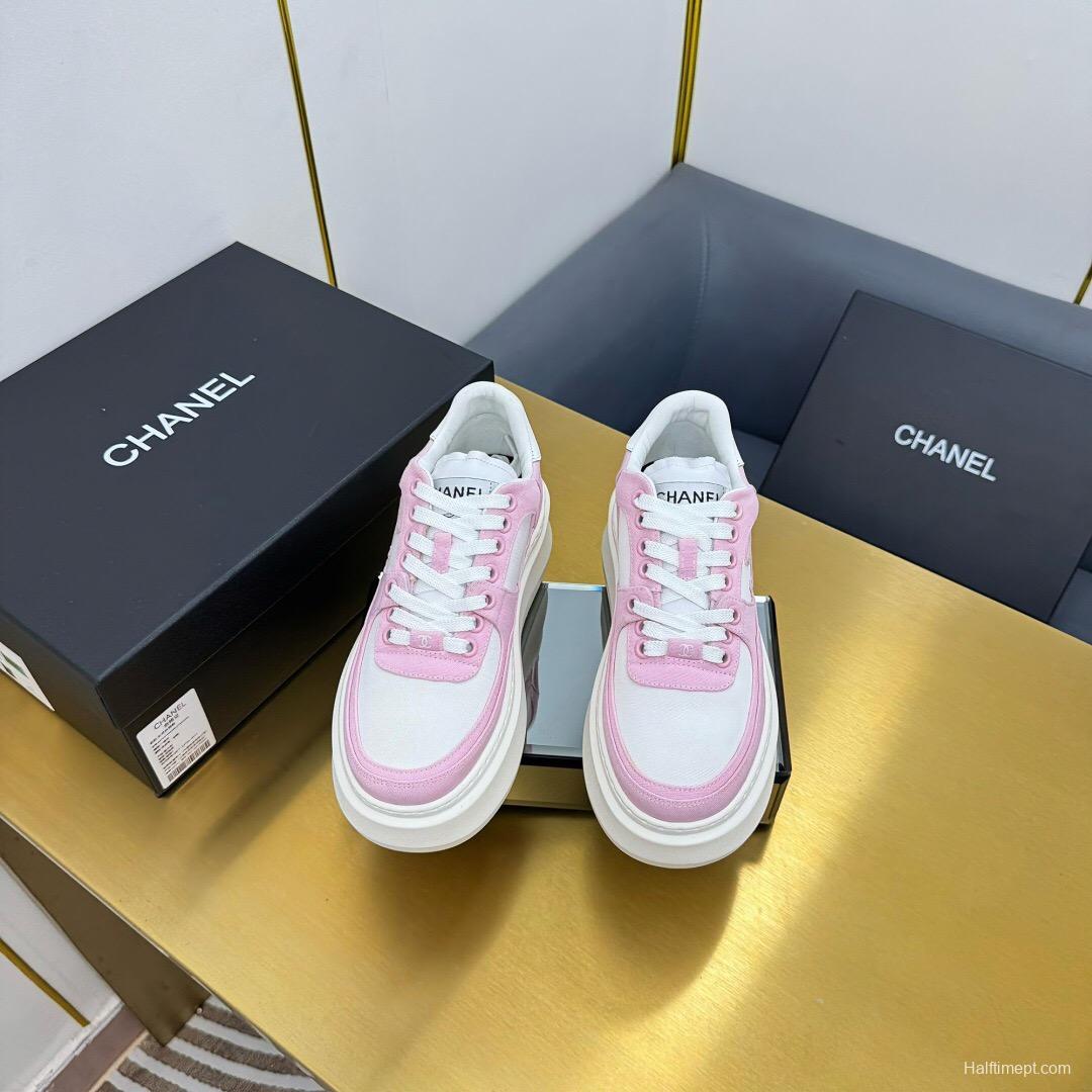 2025 Women Chanel Pink White Leather Suede Platform Sneakers
