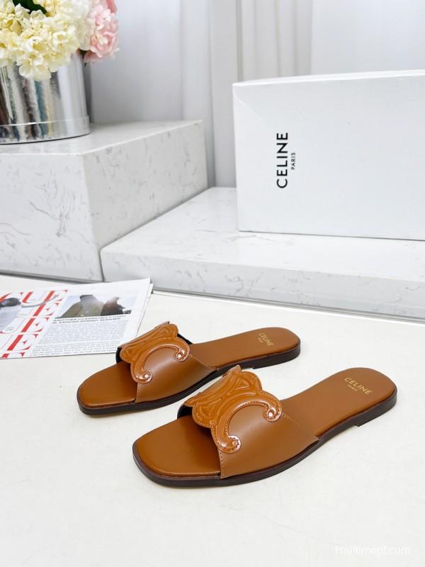 2025 Women CELINE Brown Leather Slippers LY00190