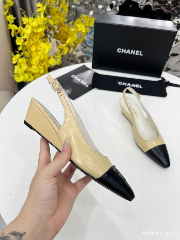 2025 Women Chanel Apricot Black Leather Slingback Flats