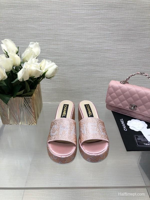 2025 Slippers Chanel Pink Rhinestone Platform Slip-On LY00320