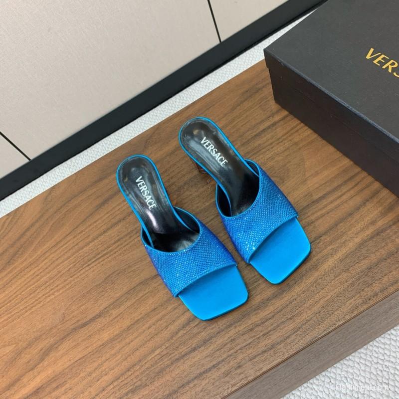 2025 Women VERSACE Blue Satin Slippers