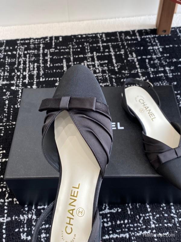 2025 Women Chanel Black Satin Silk Leather Sandals Bow KFY00289