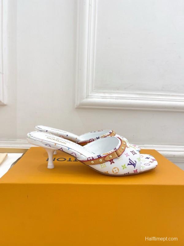 2025 Women Louis Vuitton White Rainbow Leather Slippers MJ00290
