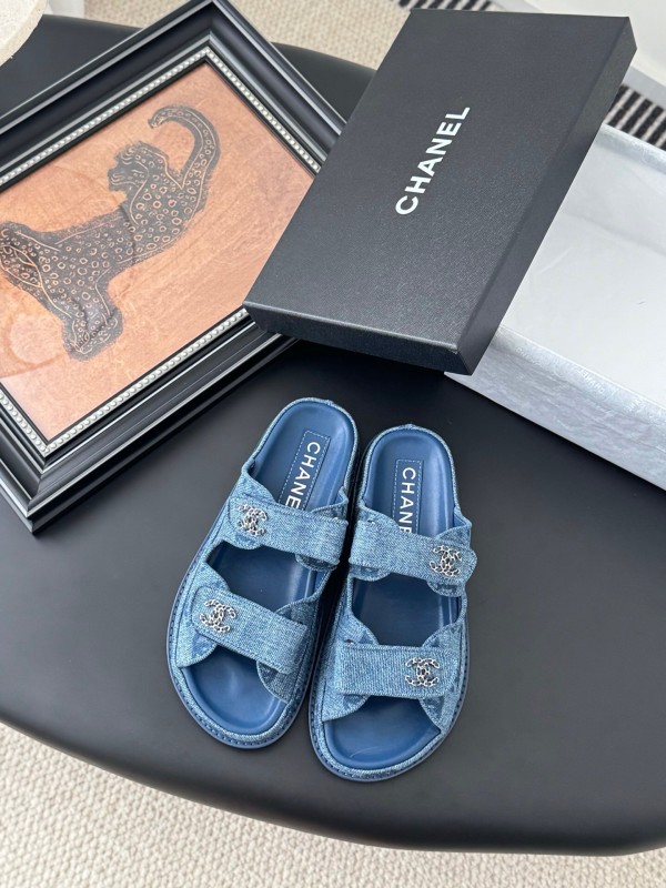 2025 Women Chanel Blue Denim Leather Slippers LY00310