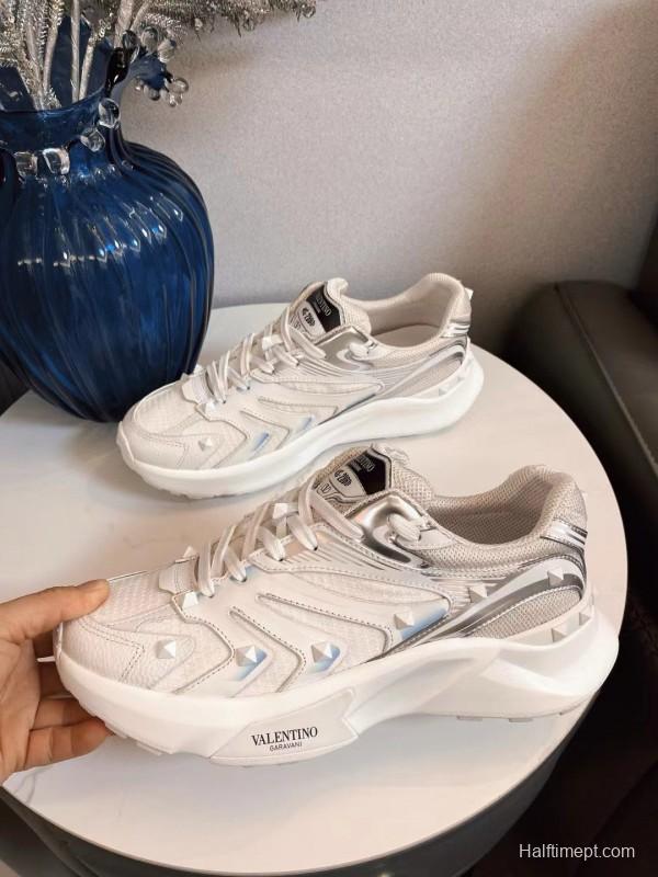 2024 Unisex Valentino White Silver Mesh Leather Sneakers MJ00410