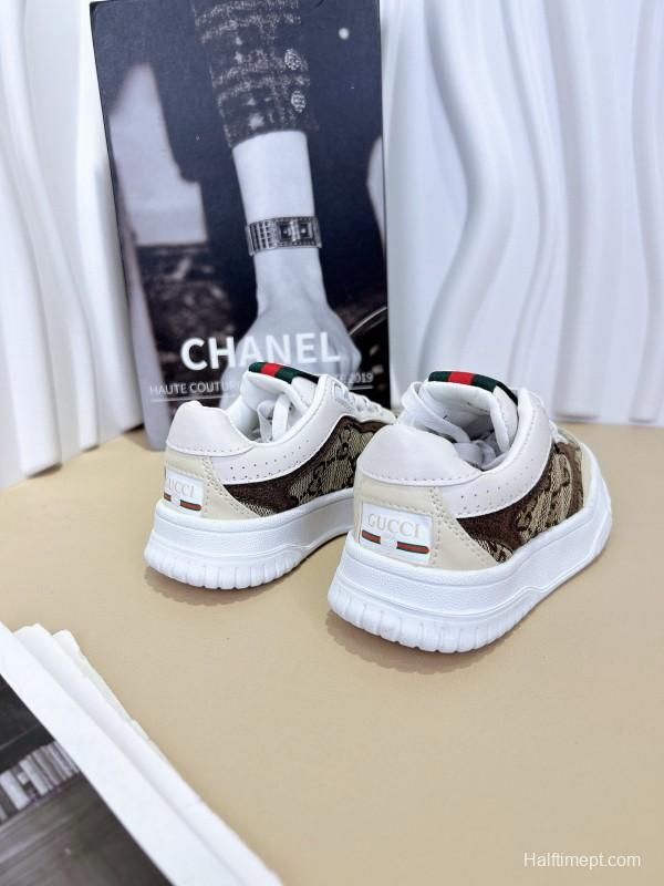 2024 Kids GUCCI Brown Beige White Leather Sneakers
