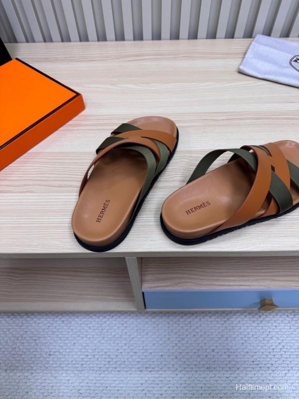 2025 Slippers Hermès Brown Green Leather Fabric Slippers