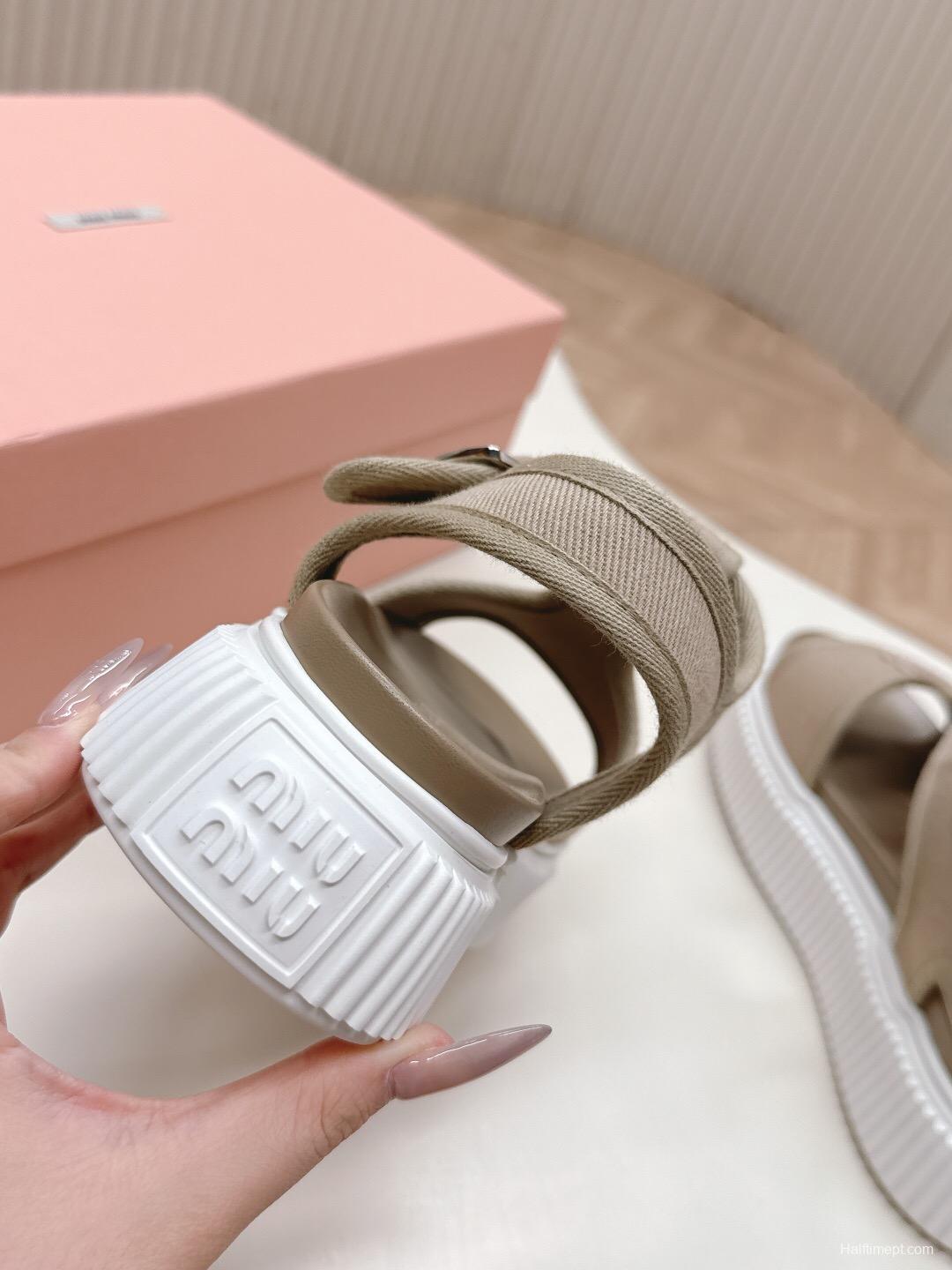 2025 Women Miu Miu Beige Canvas Sandals Buckle LY00360