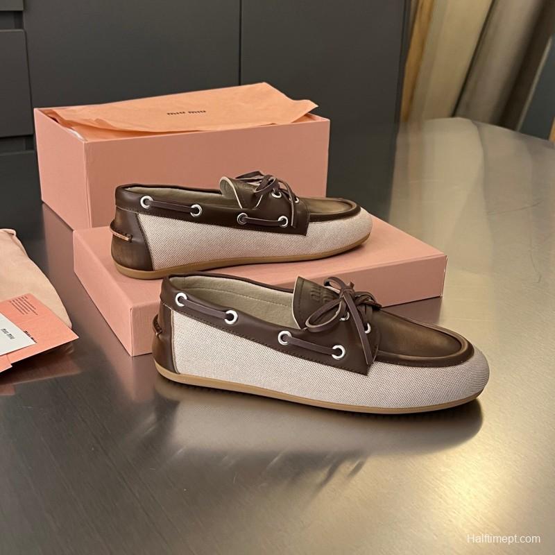 2025 Women Miu Miu Brown Beige Leather Canvas Loafers LY00230