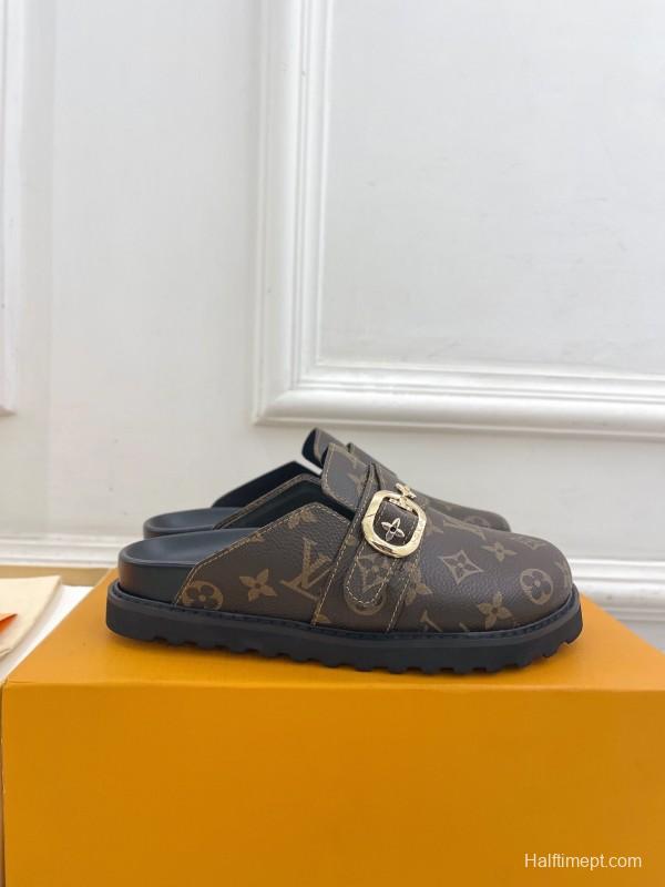 2025 Women Louis Vuitton Brown Leather Slippers Monogram KFY00300