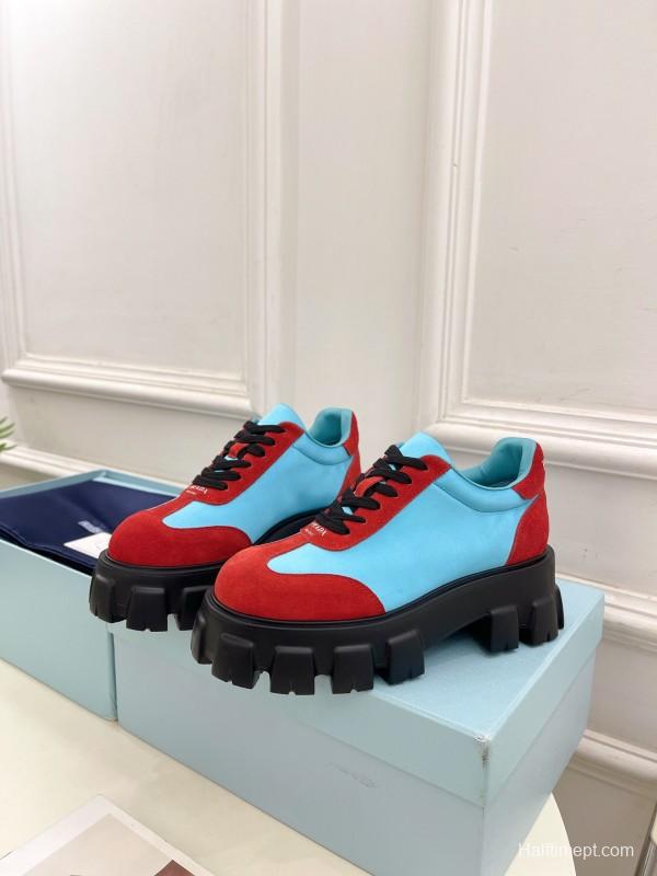 2025 Unisex Prada Blue Red Suede Silk Casual Sneakers KFY00310(F)/KFY00330(M)