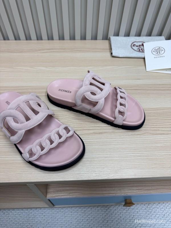 2025 Slippers Hermès Pink Suede Slippers