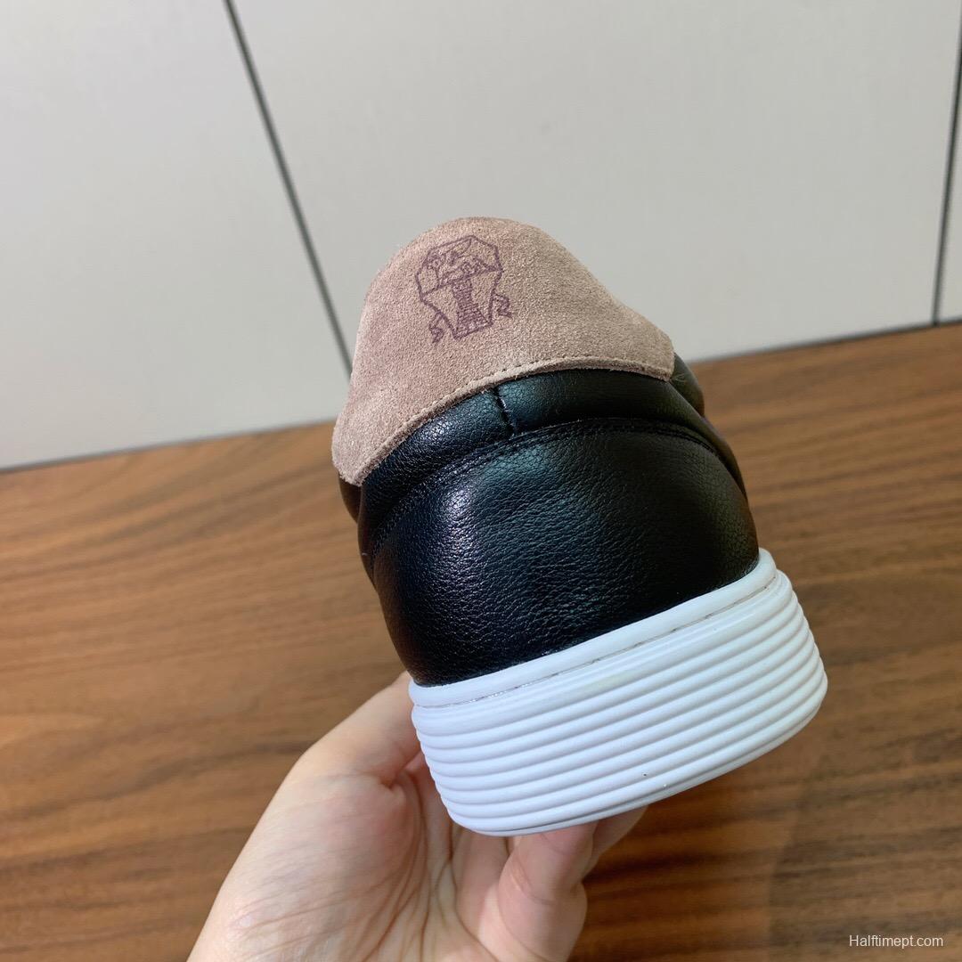 2025 Men Brunello Cucinelli Black Leather Casual Sneakers With White Rubber Sole And High Elasticity Insole KFY00310(M)