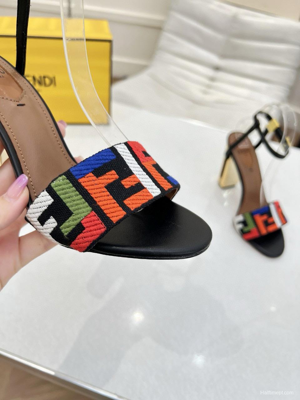2025 Women Fendi Black Multicolor Leather Suede Sandals MJ00280