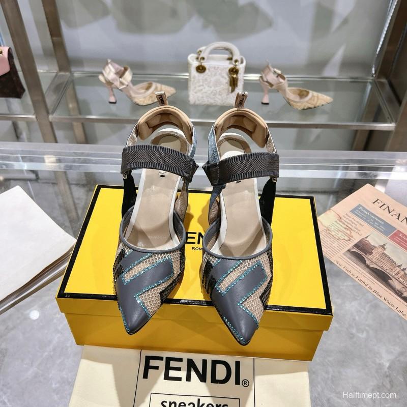 2025 Women Fendi Grey Blue Black Leather Mesh High Heels