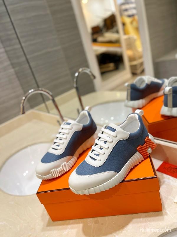 2024 Unisex Hermès Blue White Imported Silk Lambskin Casual Sneakers MJ00320