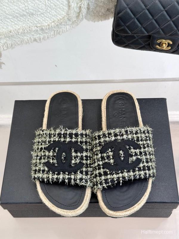 2025 CHANEL Black White Tweed Slippers