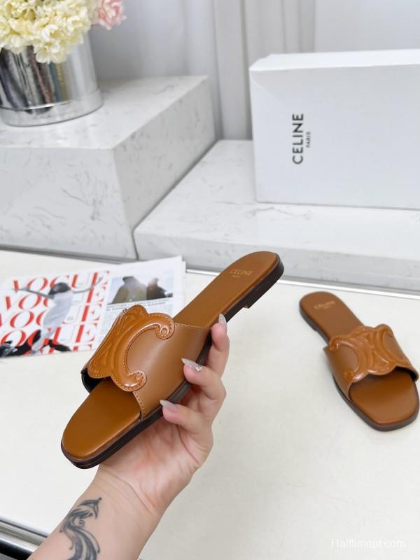 2025 Women CELINE Brown Leather Slippers LY00190