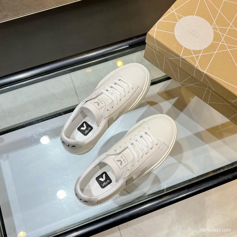 2025 Unisex VEJA White Grey Leather Canvas Rubber Sole Sneakers