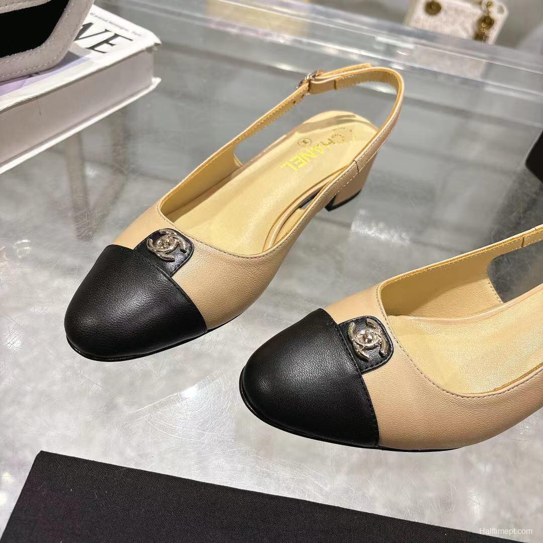 2025 Women Chanel Beige Black Leather Slingback Sandals LY00300