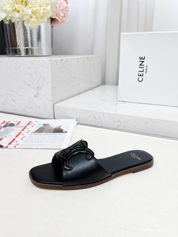 2025 Women Celine Black Leather Slippers LY00190