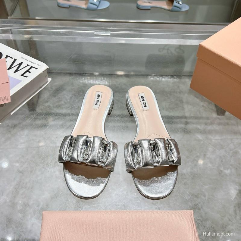 2025 Women Miumiu Silver Metallic Leather Slippers